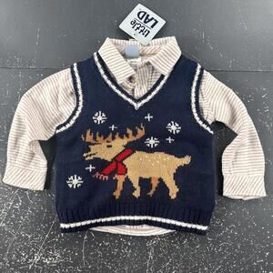 Little Lad Button Up Shirt & Sweater Vest 12 Month Elk Deer Knit Cute Church NWT